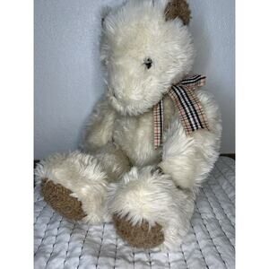 Chosun International Plush Stuffed Teddy Bear Cream Shaggy Plaid Bow Brown Tan